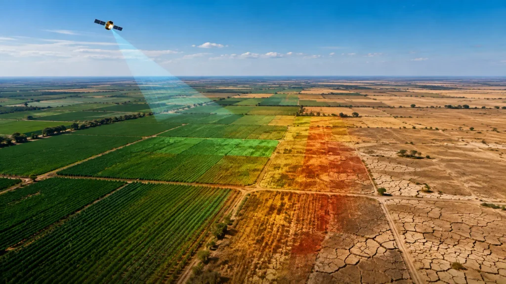 Vision Tech satellite data monitoring healthy and drought-affected agricultural land